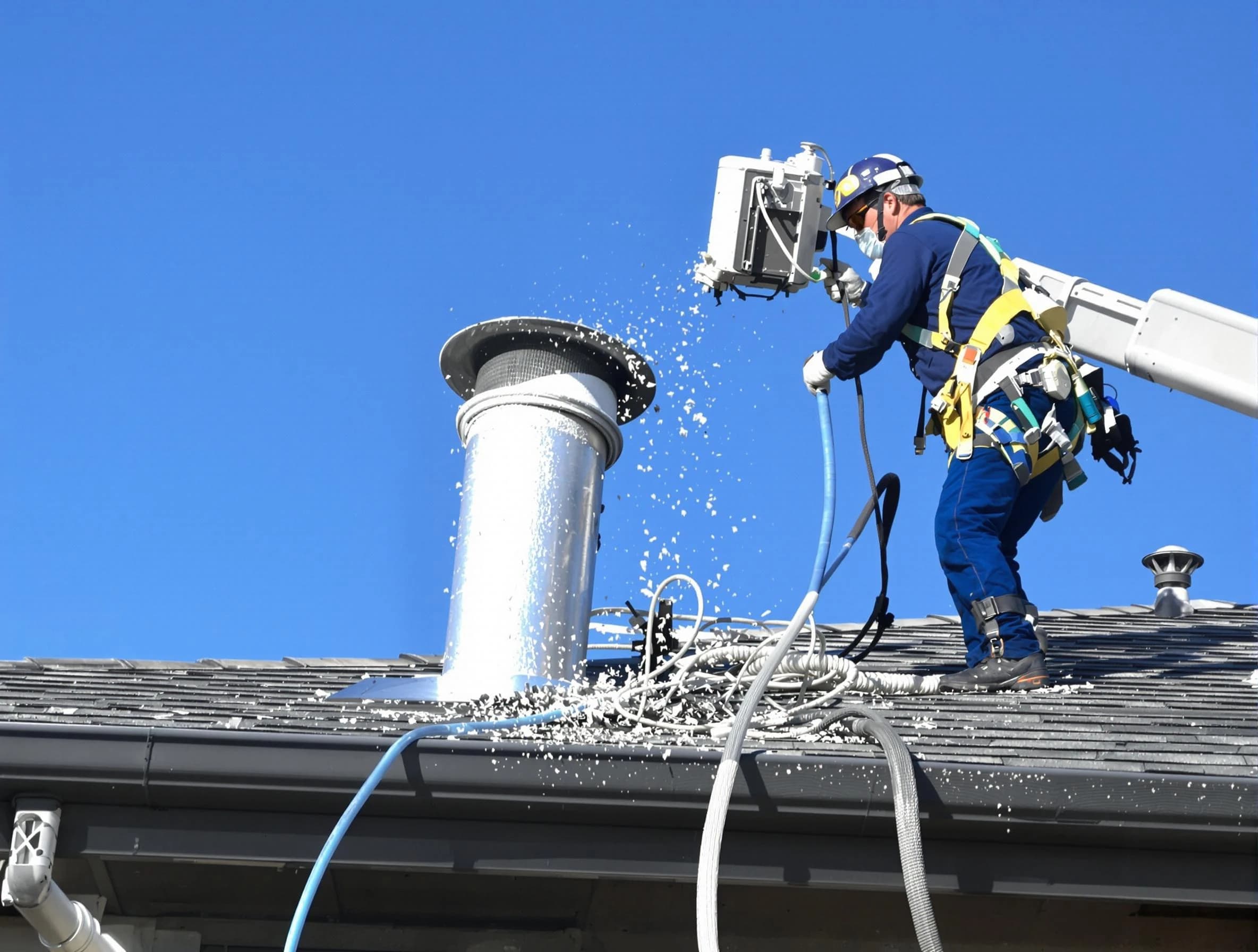 Woonsocket Dryer Vent Cleaning certified technician safely cleaning a roof-mounted dryer vent in Woonsocket