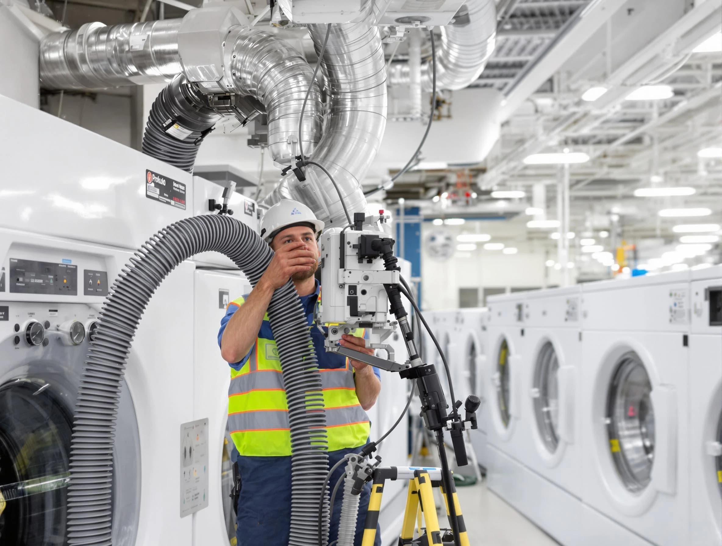 Woonsocket Dryer Vent Cleaning team performing commercial-grade dryer vent cleaning at a business facility in Woonsocket