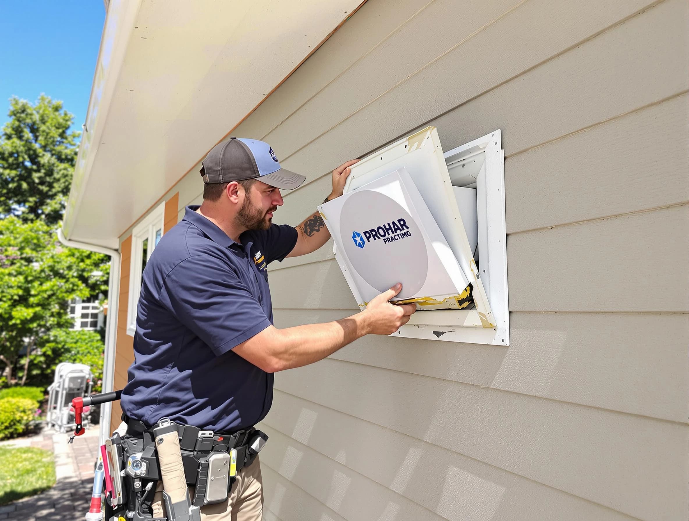 Woonsocket Dryer Vent Cleaning technician installing a new protective dryer vent cover on a home in Woonsocket