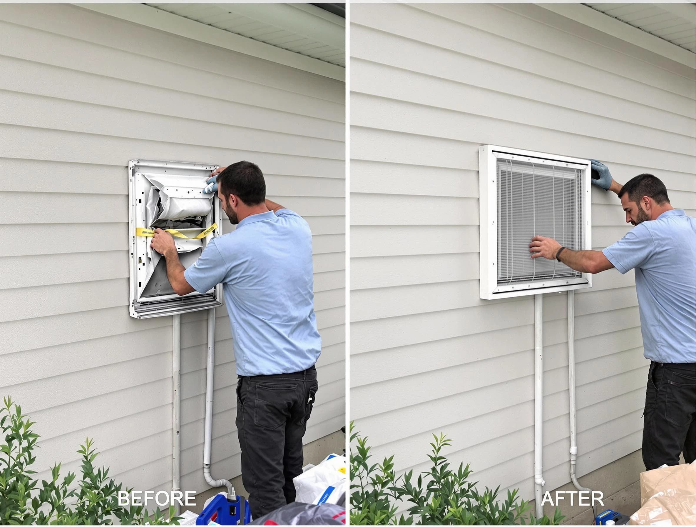 Woonsocket Dryer Vent Cleaning technician installing high-quality dryer vent cover at a residential property in Woonsocket