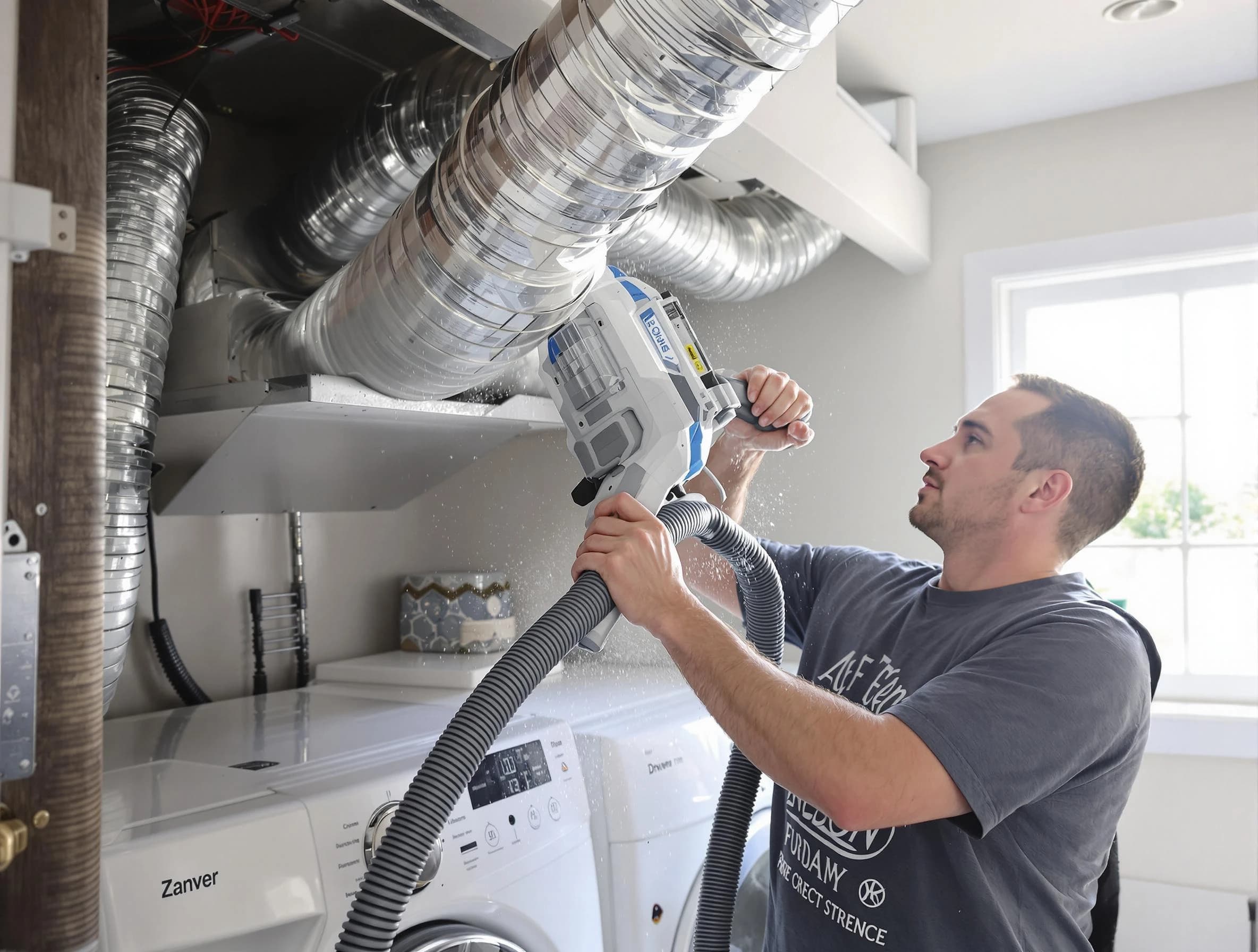 Woonsocket Dryer Vent Cleaning specialist cleaning deep within a dryer vent duct system in Woonsocket