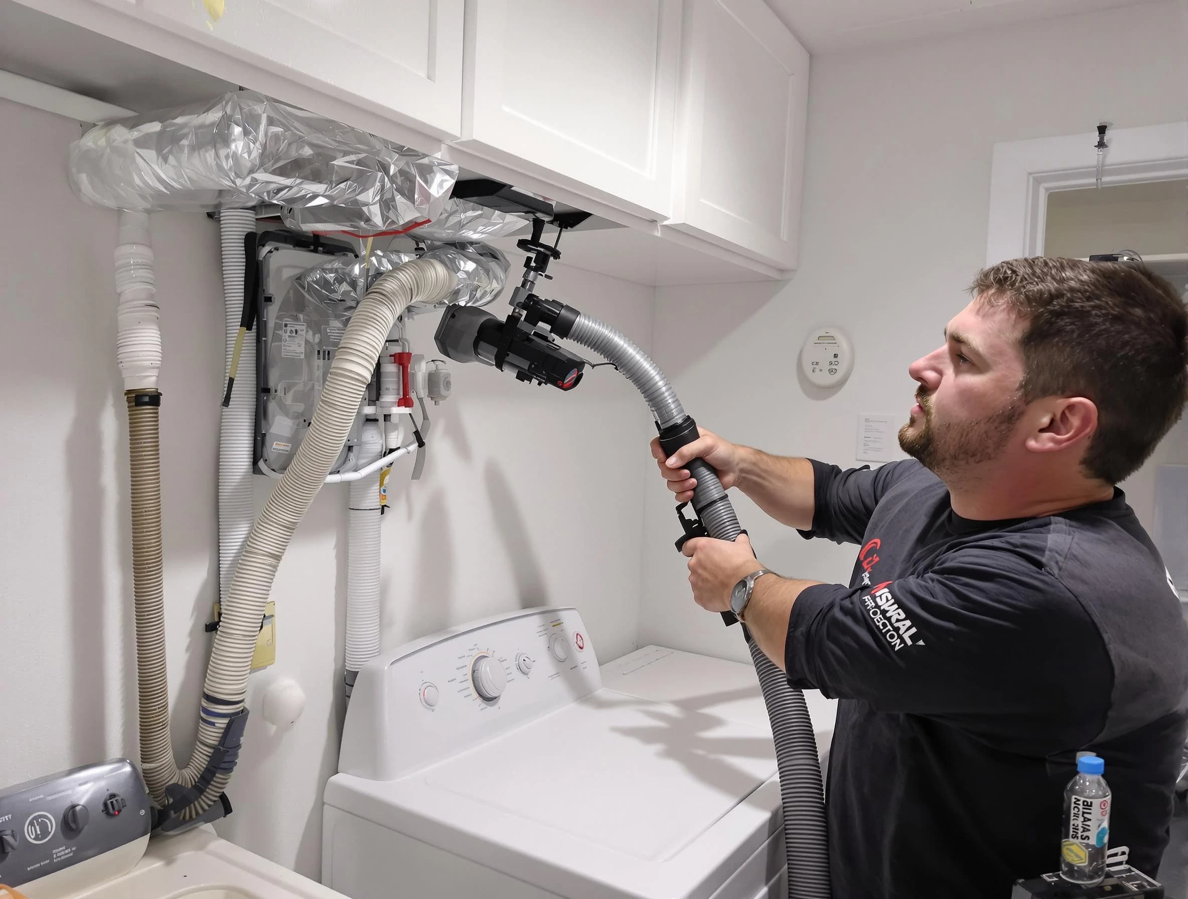 Woonsocket Dryer Vent Cleaning certified technician performing safety-focused gas dryer vent cleaning in Woonsocket
